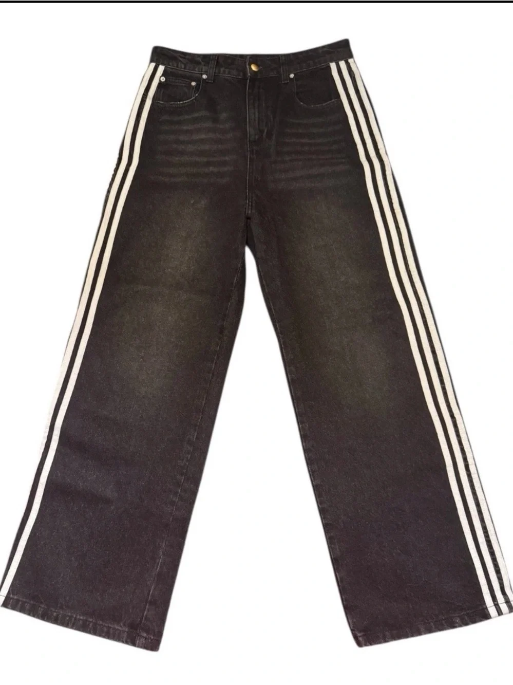 YNC Wide Leg High Rise Jeans Y2K Sporty Black Wash 4 Stripe Skater Denim
